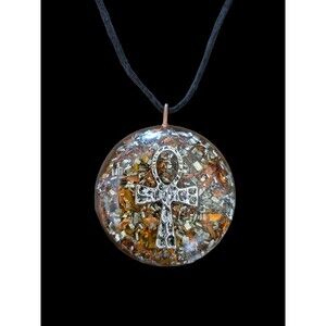Orgone Ankh Cross Pendant 2 1/4" Spiral Energy Gold Bronze